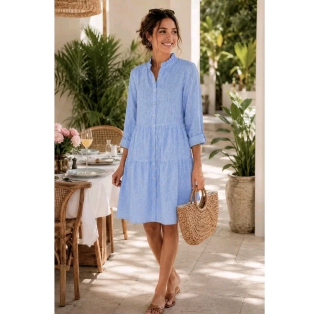 Alice Walk Women Blue 100% Linen Tiered Ruffle Collar Button Front Dress L NWT
